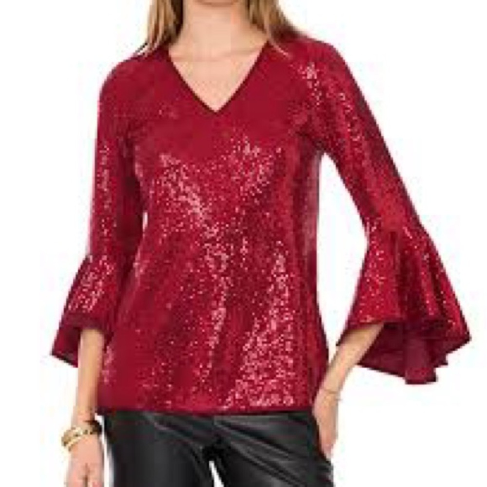 NWT Vince Camuto Women's Red Sequined V-Neck Bell-Sleeve Top Blouse